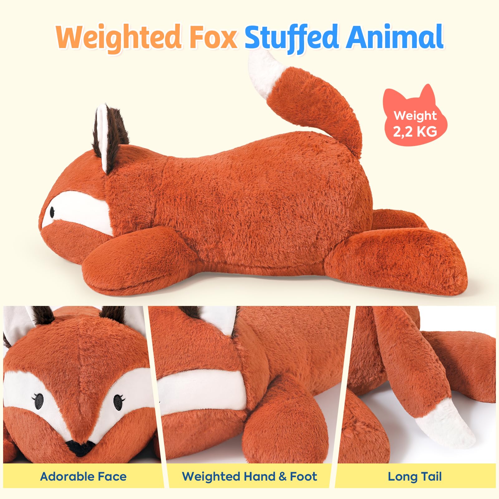 shownicer Gewichtstiere Fuchs 2,2 KG Gewichtetes Kuscheltier Fuchs Stofftier Großes Plüschtier XXL Fuchs
